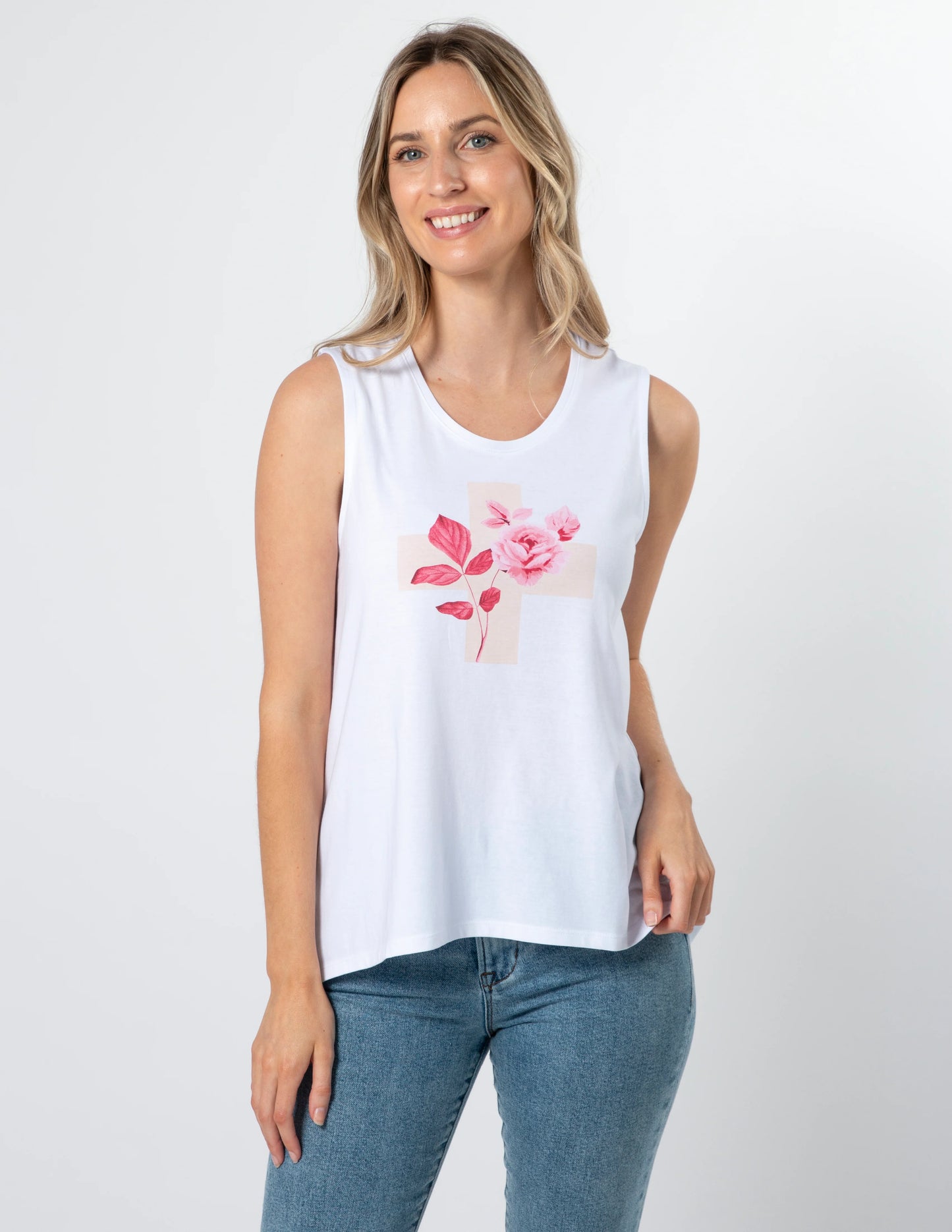 Stella & Gemma Tank - White Jolie Rub Rose Cross