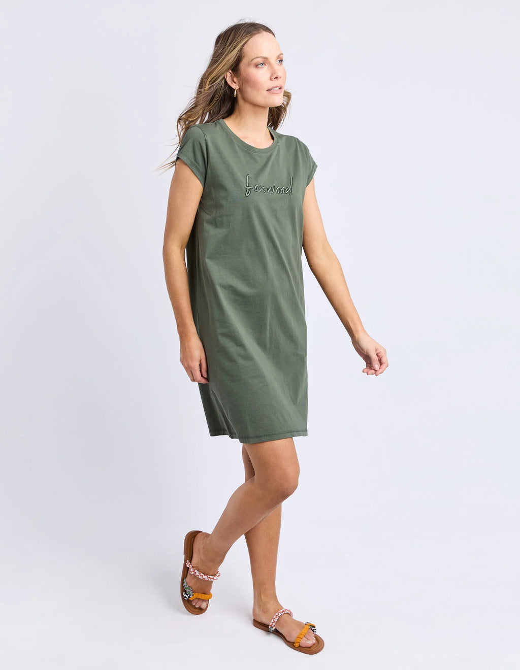 Signature Embroidery Tee Dress-Khaki