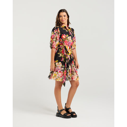 Marina Dress- Hibiscus Print, Black