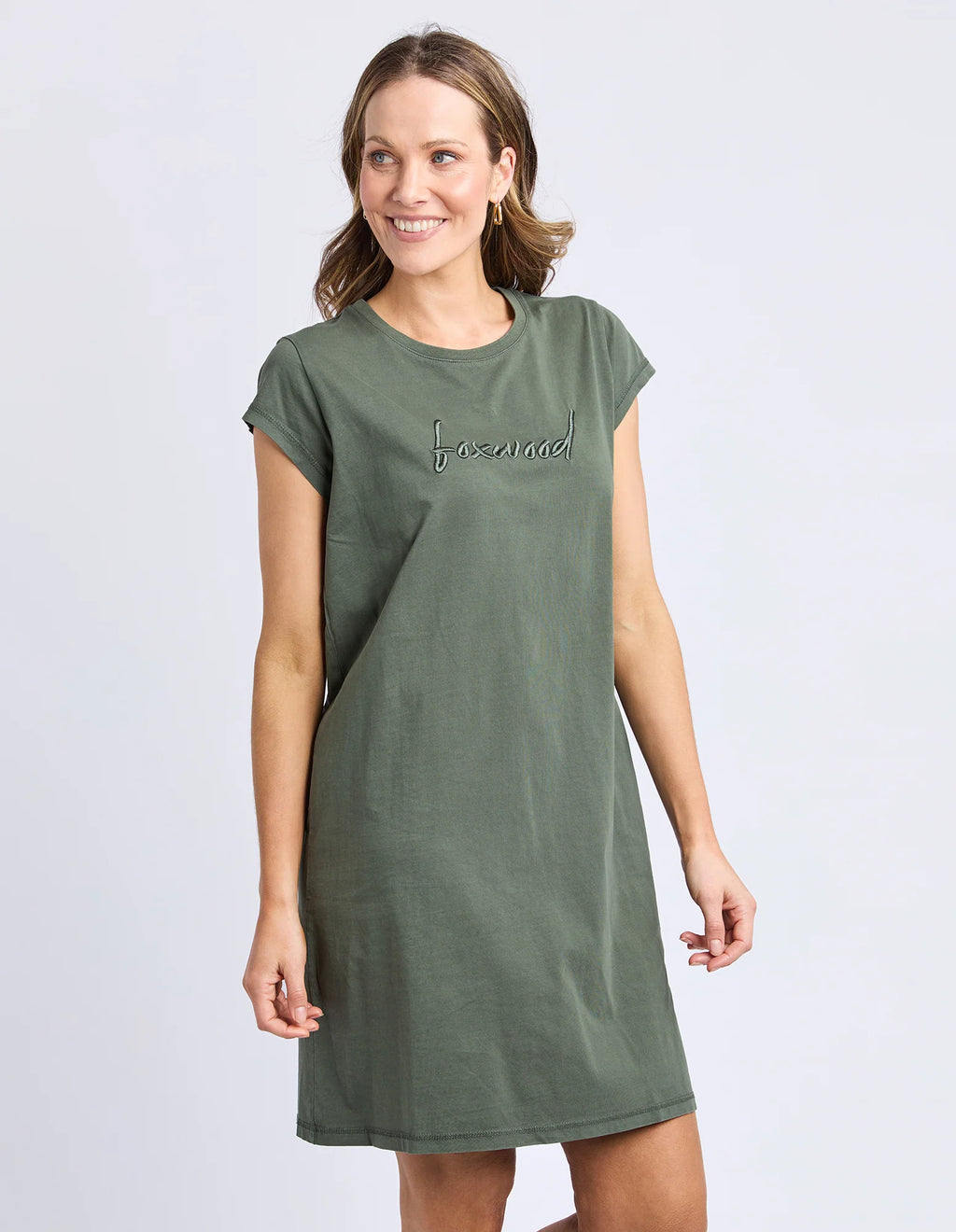 Signature Embroidery Tee Dress-Khaki