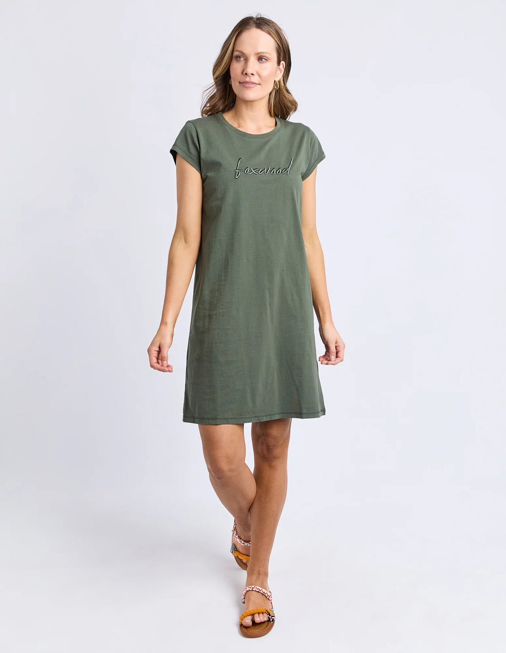 Signature Embroidery Tee Dress-Khaki