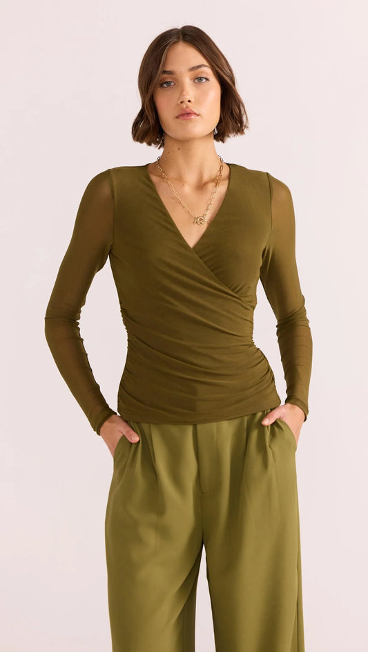 Elodie Mesh Wrap Top -Kahki