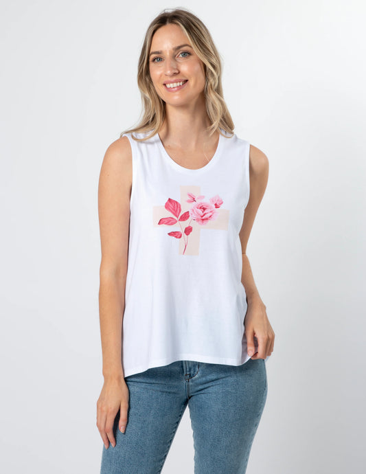 Stella & Gemma Tank - White Jolie Rub Rose Cross