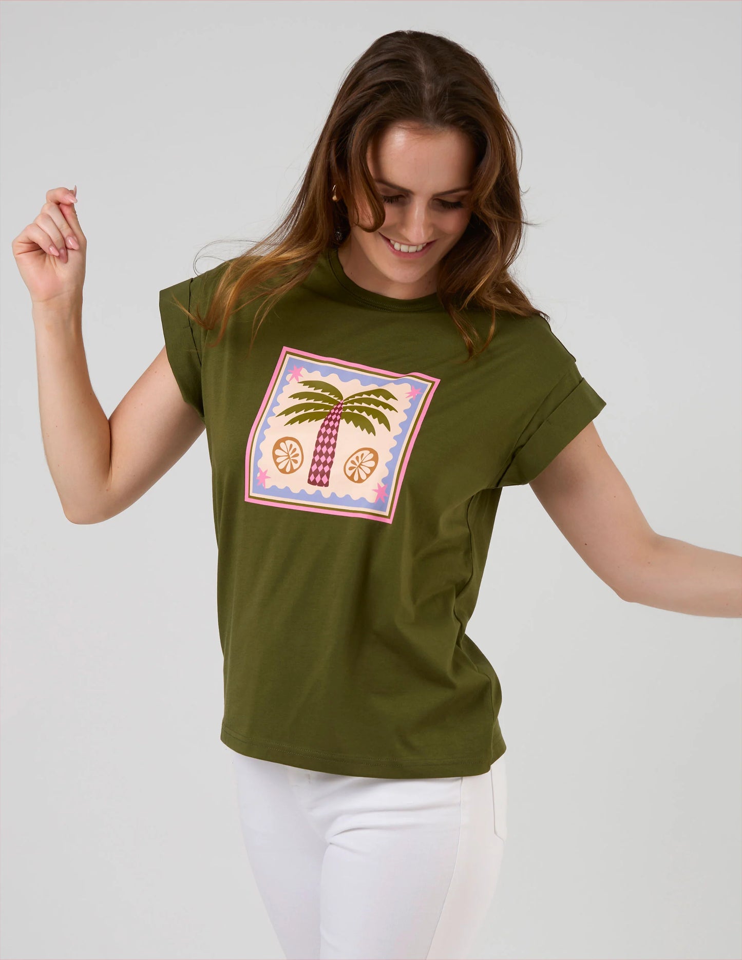 Stella + Gemma Cuff Tee Palm - Khaki