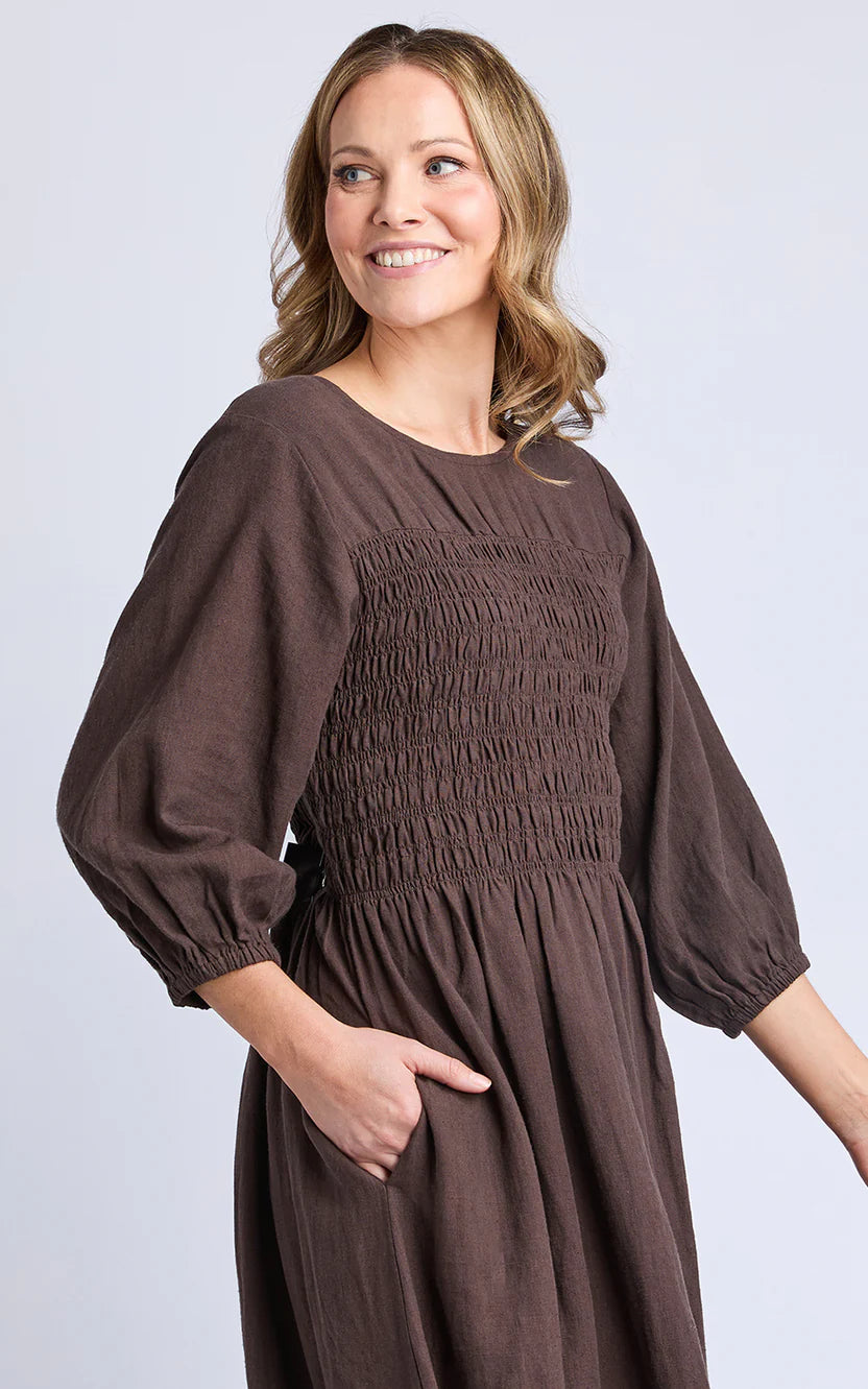 Nora Shirred Dress-Chocolate