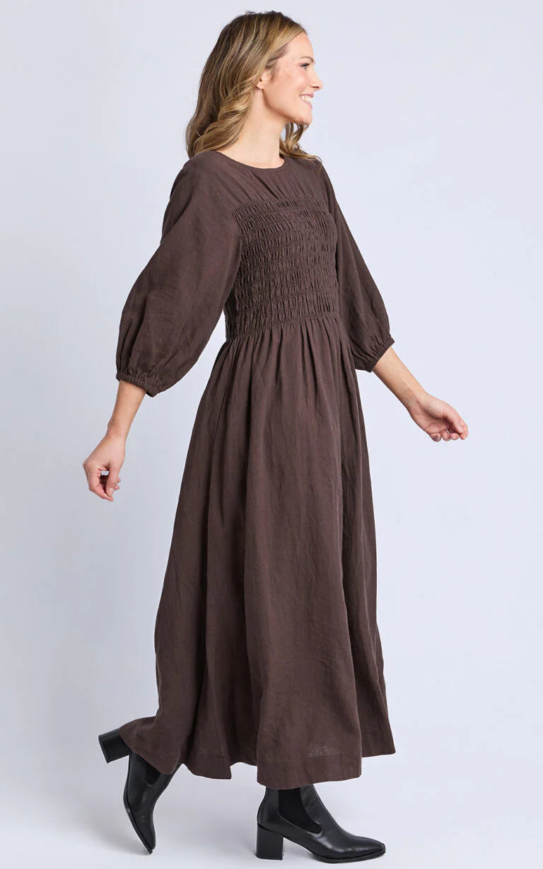 Nora Shirred Dress-Chocolate