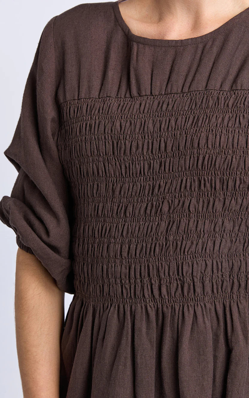 Nora Shirred Dress-Chocolate